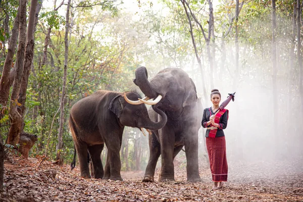 タイで象と一緒に立つ笑顔の女の肖像 — ストック写真