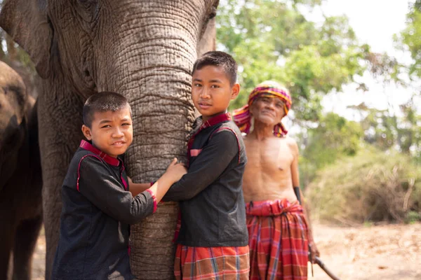 象の森に立つ学童たちの長さ象と一緒に学校へ行く生徒たち — ストック写真