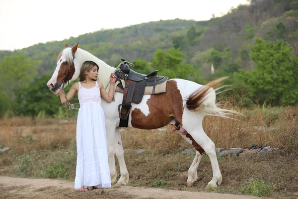 Full Length Woman Riding Horse Rural Landscape Sky — Stock Photo, Image