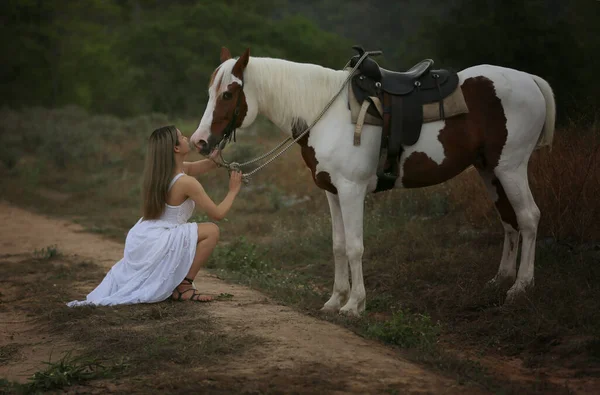 Full Length Woman Riding Horse Rural Landscape Sky — Stock Photo, Image