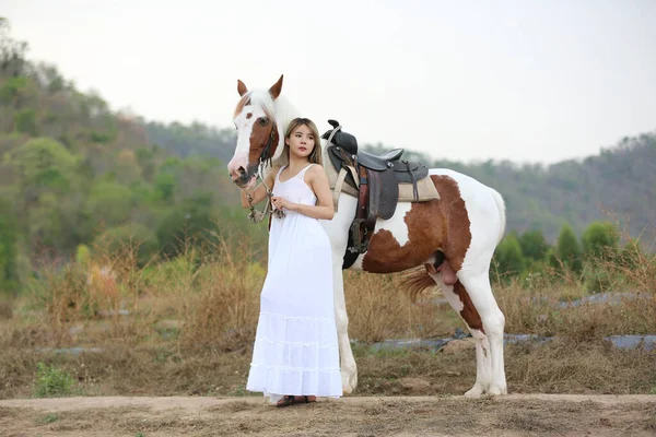 Full Length Woman Riding Horse Rural Landscape Sky — Stock Photo, Image