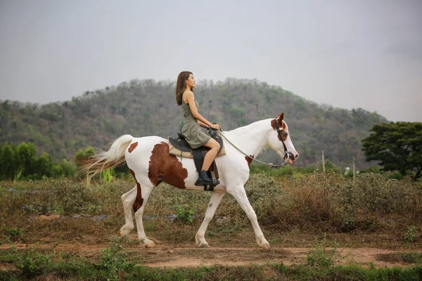 Молодая Женщина Верхом Лошади Поле Против Неба — стоковое фото