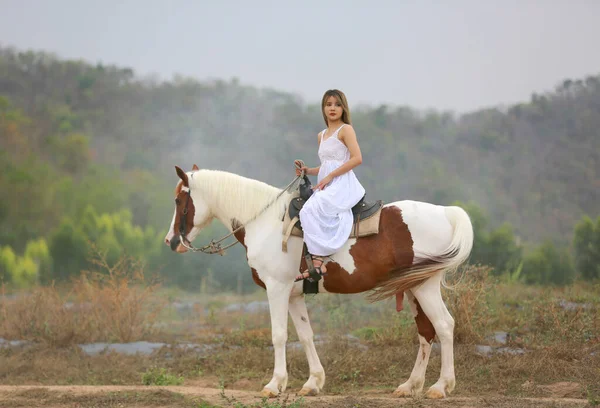 Full Length Woman Riding Horse Rural Landscape Sky — Stock Photo, Image