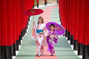  Kimonolu bir kadın Japon bahçesindeki tapınağa doğru yürüyor..
