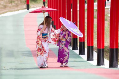  Kimonolu bir kadın Japon bahçesindeki tapınağa doğru yürüyor..
