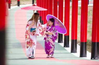  Kimonolu bir kadın Japon bahçesindeki tapınağa doğru yürüyor..
