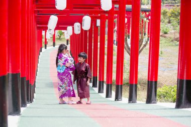  Kimonolu bir kadın Japon bahçesindeki tapınağa doğru yürüyor..