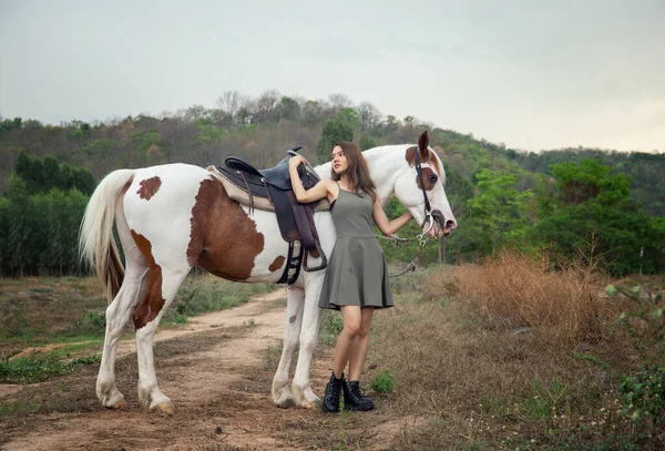 Mulher Com Cavalo Campo — Fotografia de Stock