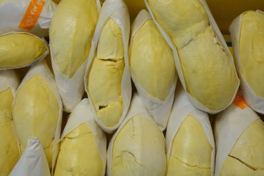 Durian meyvesi pazarda satışta, sarı Durian ambalajda Tayland mevsimlik meyvesi olarak. 