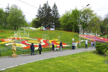 Ziyaretçiler parkta yürürken çimlere dikilmiş parlak lalelere bakıyorlar.