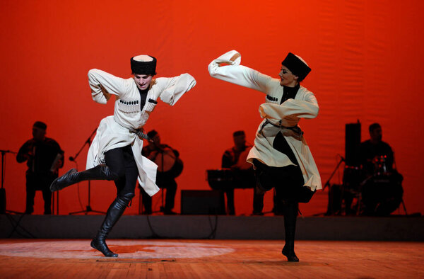 Dancers performing native Georgian dance. Sukhishvili, The Georgian National Ballet. March 10,2018. Kiev, Ukraine