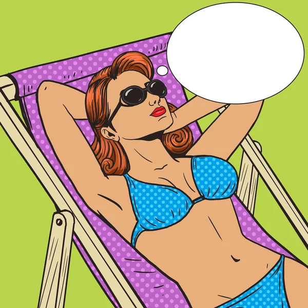 Woman sunbathing on the beach pop art vector — Stock Vector