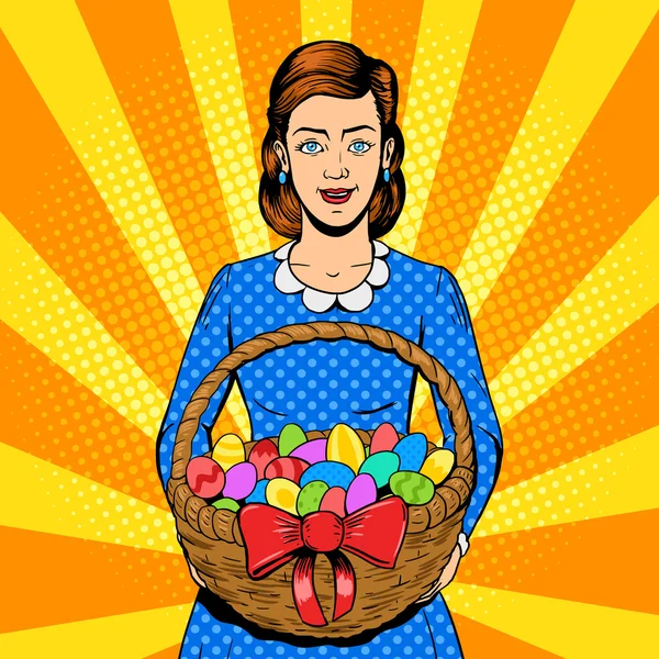 Mujer con huevos de Pascua pop art estilo vector — Vector de stock