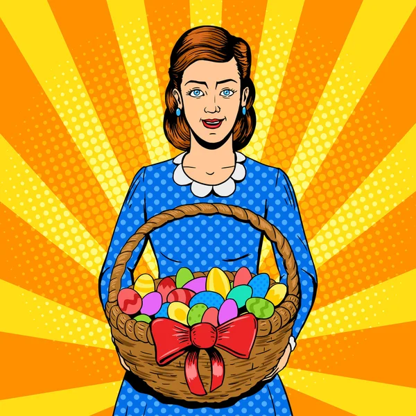 Woman with easter eggs pop art style vector — Stok Vektör