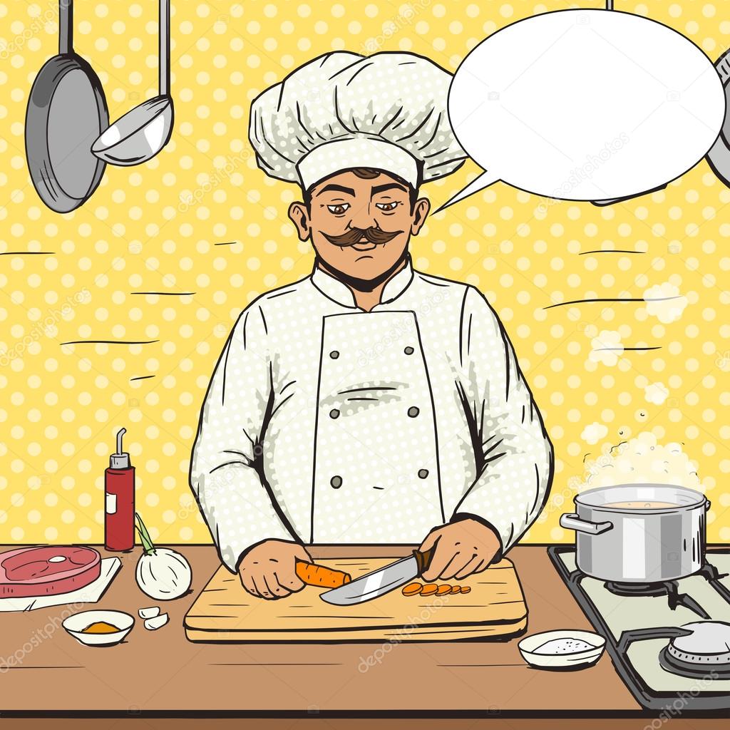 Chef cooks food pop art style vector