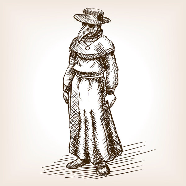 Plague doctor hand drawn sketch vector