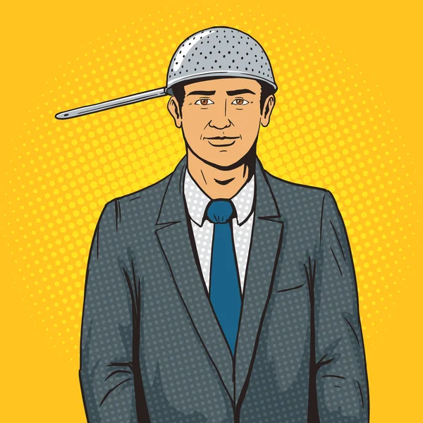 Hombre con colador en cabeza pop art estilo vector — Vector de stock