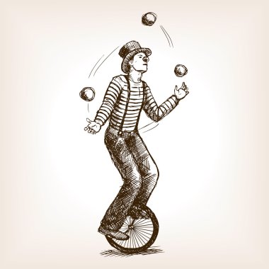 Juggler man on retro old unicycle sketch vector vector Juggler man on retro old unicycle sketch vector vector