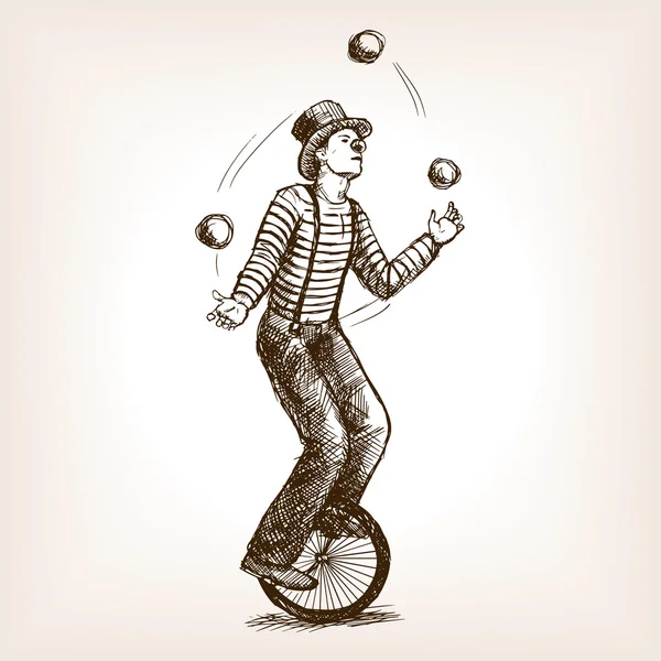Žonglér na retro starém jednokolovém vektoru — Stockový vektor