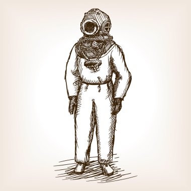 Vintage diver man with diving dress sketch vector