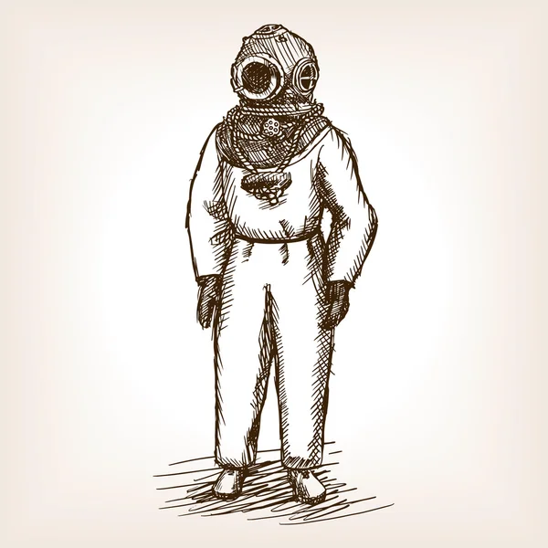 Vintage buzo hombre con vestido de buceo vector de boceto — Archivo Imágenes Vectoriales