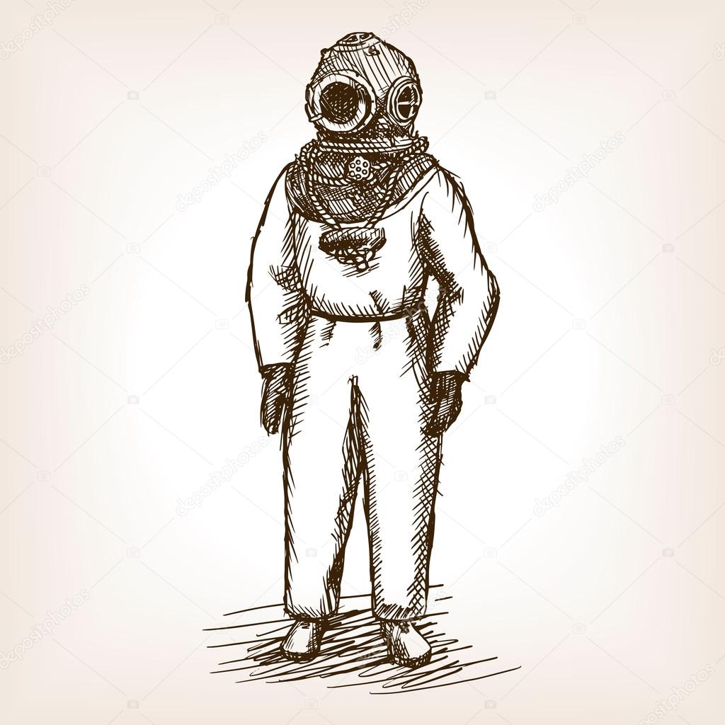 Vintage diver man with diving dress sketch vector