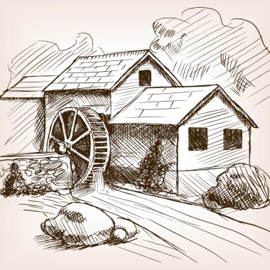 Water mill hand drawn sketch vector