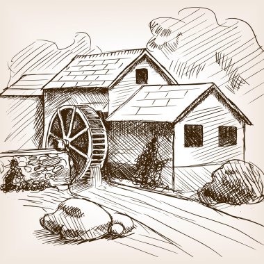 Water mill hand drawn sketch vector clipart