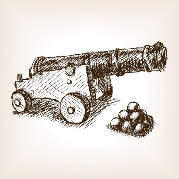 Old cannon hand drawn sketch vector