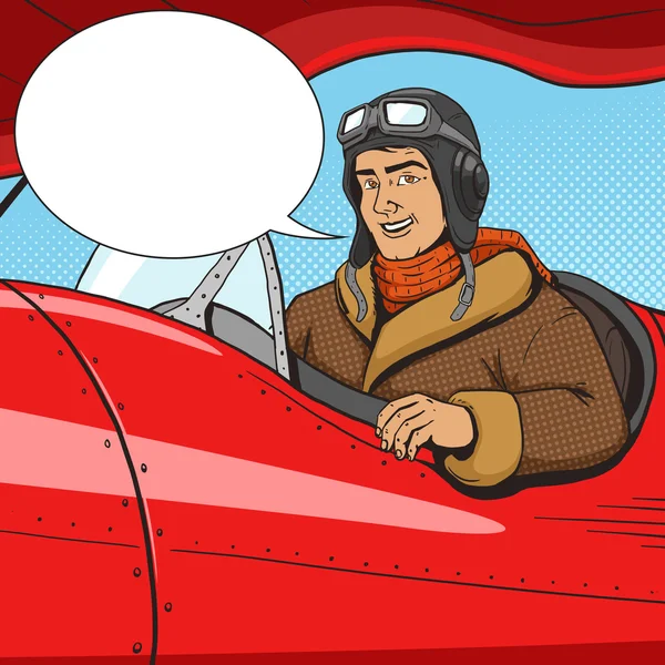 Retro pilot in Vintage vliegtuig pop art stijl vector — Stockvector