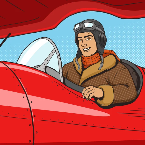 Retro-Pilot im Vintage-Flugzeug-Pop-Art-Stil — Stockvektor