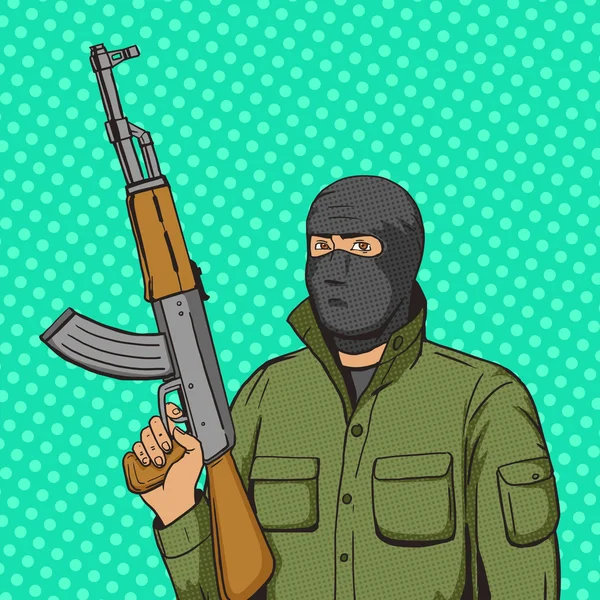 Terrorist man with weapon pop art style vector — Stock Vector