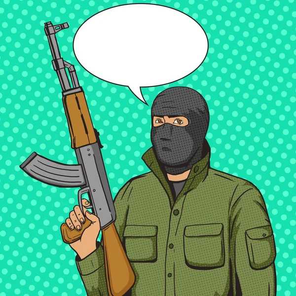 Terrorista hombre con arma pop art estilo vector — Vector de stock