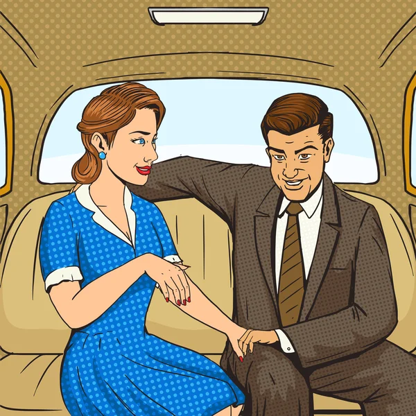 Couple talking in taxi pop art style vector — Stock Vector