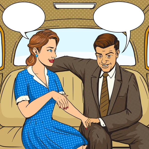 Couple talking in taxi pop art style vector — Stock Vector