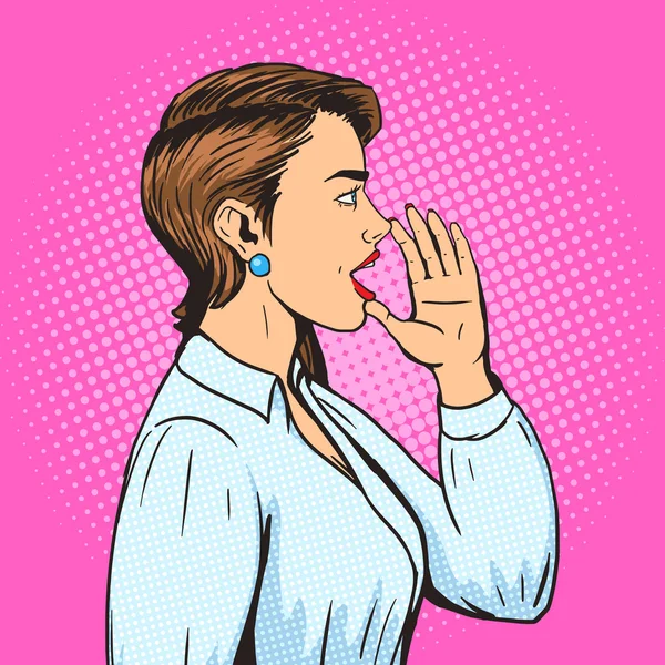 Woman shouts with hand pop art style vector — ストックベクタ