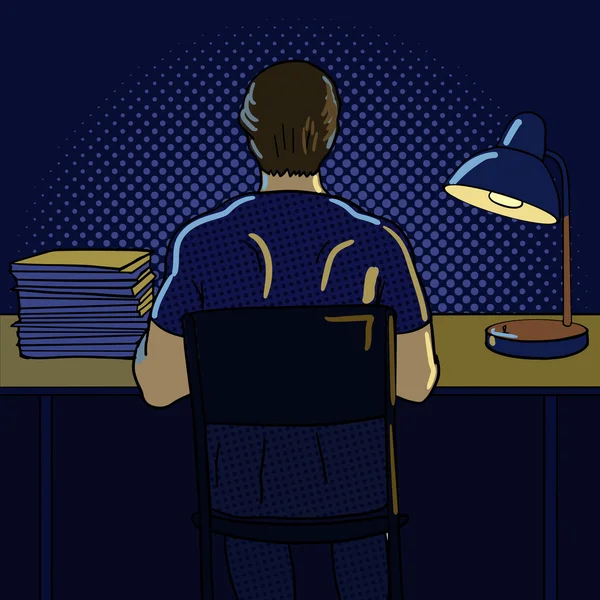 Hombre trabajando en la noche pop arte estilo vector — Vector de stock