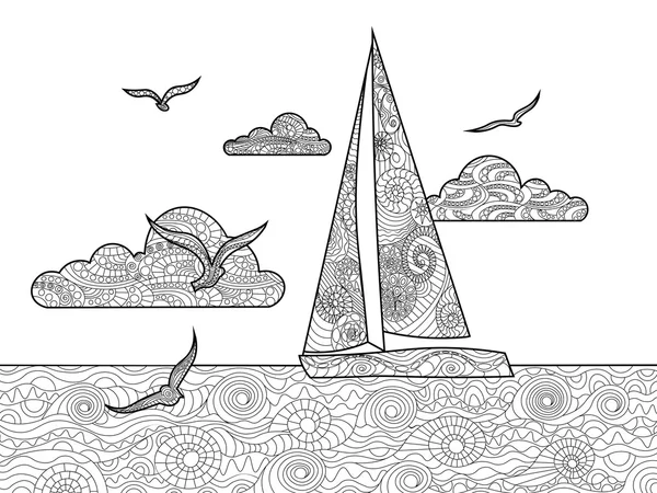 Sailboat coloring book for adults vector — Stock Vector