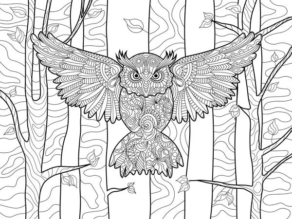 Baykuş boyama kitabı için yetişkin vektör ormandaki — Stok Vektör