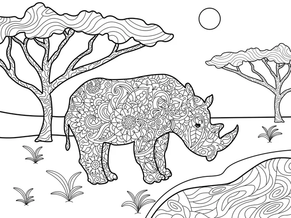 Neushoorn coloring boek voor volwassenen vector — Stockvector