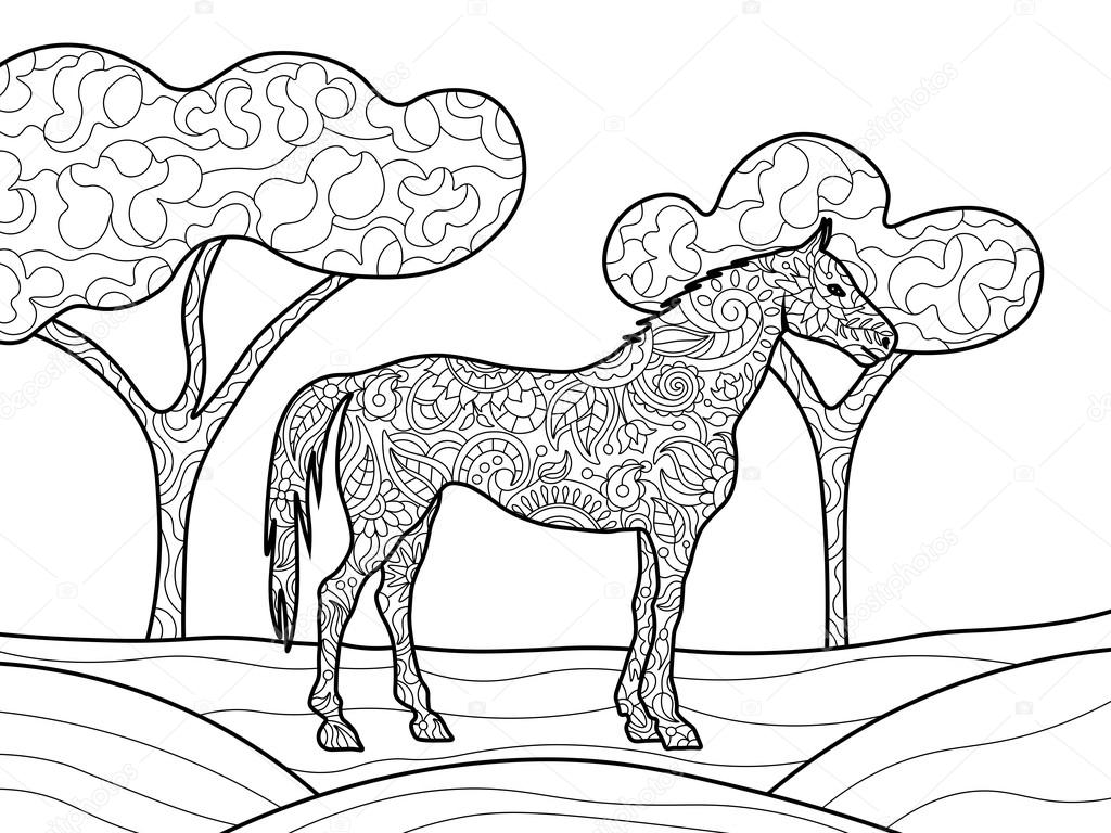 Cavallo animale libro da colorare per adulti illustrazione di vettore Zentangle stile Righe in bianco e nero Motivo traforato — Vettoriali di