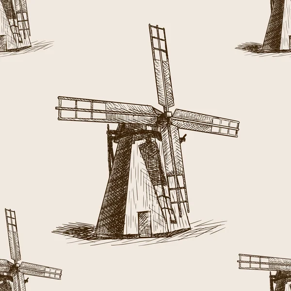 Moulin à vent croquis dessiné à la main vecteur de motif sans couture — Image vectorielle