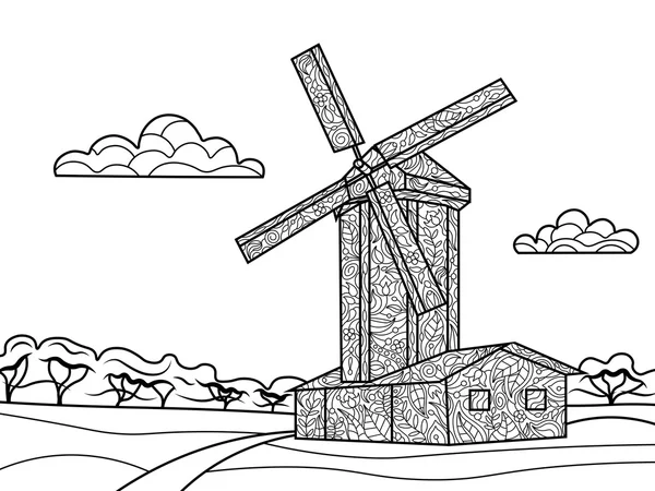 Molino de viento para colorear libro para adultos vector — Archivo Imágenes Vectoriales