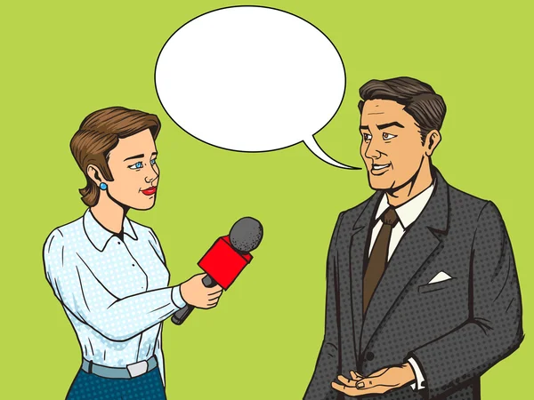 Woman reporter interviewing man comic book vector — Stock Vector