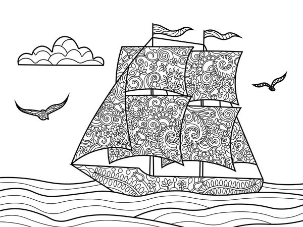 Sailing ship coloring book for adults vector — Stock Vector