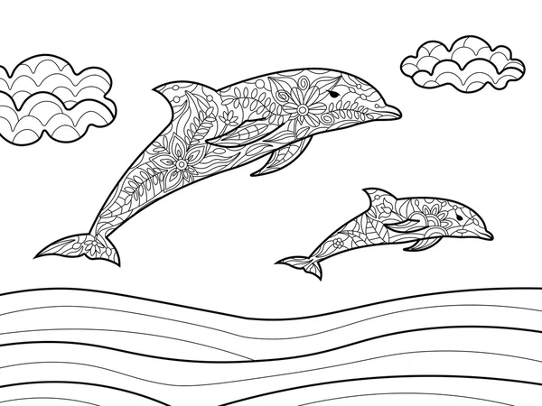 Libro para colorear delfines para adultos vector — Vector de stock