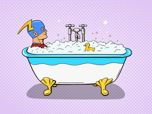 Super-herói toma um banho vetor cômico — Vetor de Stock