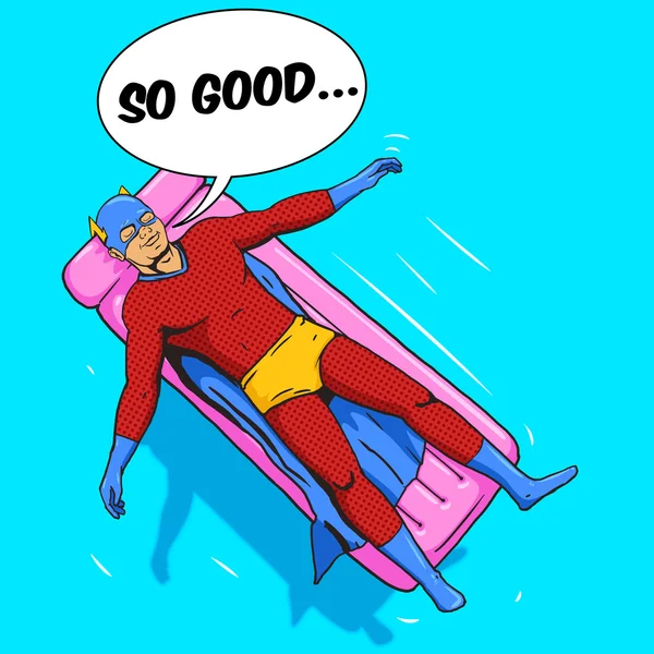 Superheld liggend op luchtbed komische vector — Stockvector