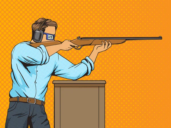 Man with rifle at shooting range pop art vector — Stock Vector