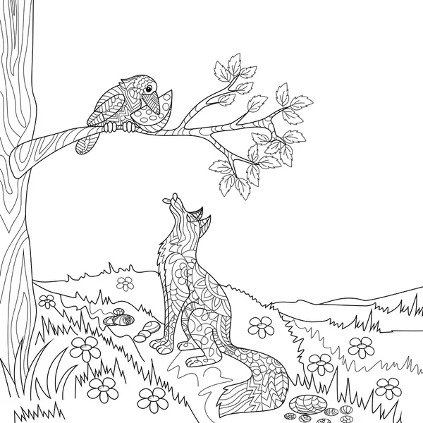 Fox et corbeau conte de fées coloriage livre vecteur — Image vectorielle